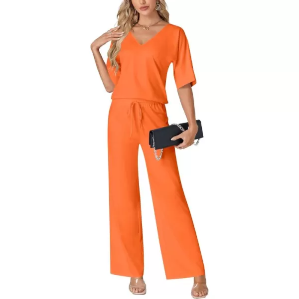 LYANER Women's 2 Piece Outfits Deep V Neck Long Sleeve Backless Tops and Wide Leg Pants Set