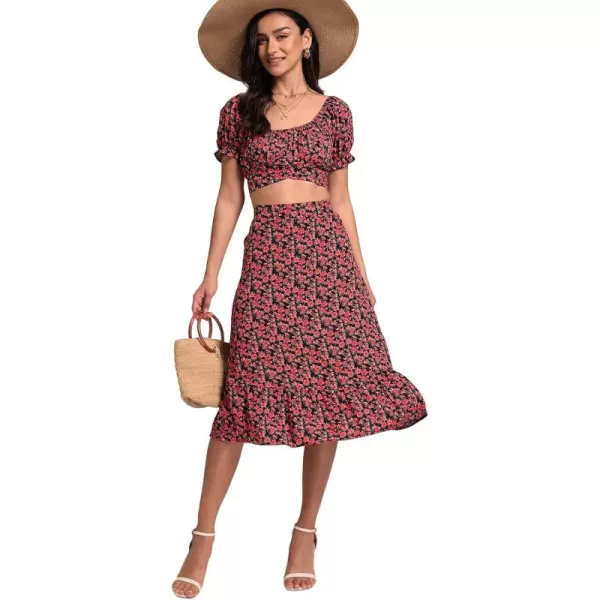 LYANER Women's 2 Piece Outfits Floral Self Tie Knot Crop Top and Midi Skirt Set