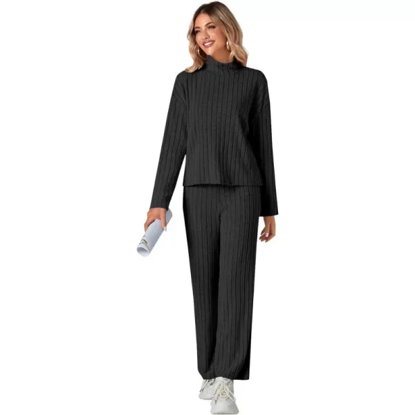 LYANER Women's 2 Piece Outfits High Neck Long Sleeve Ribbed Knit Sweater Wide Leg Pant Athletic Tracksuit Sweatsuits