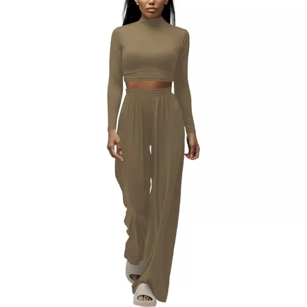 LYANER Women's 2 Piece Outfits Mock Neck Long Sleeve Crop Tops and Wide Leg Pants Set