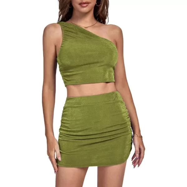 LYANER Women's 2 Piece Outfits One Shoulder Crop Top and Mini Skirt Set