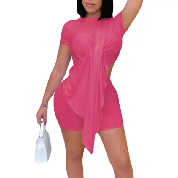 LYANER Women's 2 Piece Outfits Ruched Asymmetrical Hem Short Sleeve Shirt and Shorts Sets