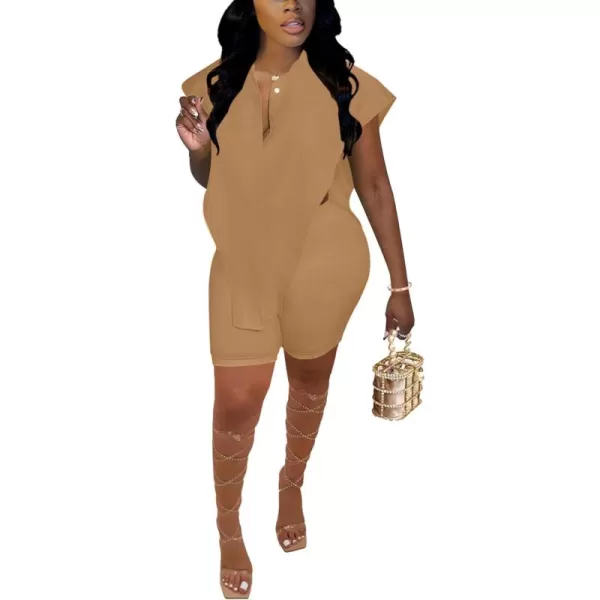 LYANER Women's 2 Piece Outfits Sleeveless Collar Button Down Side Open Top and Short Set