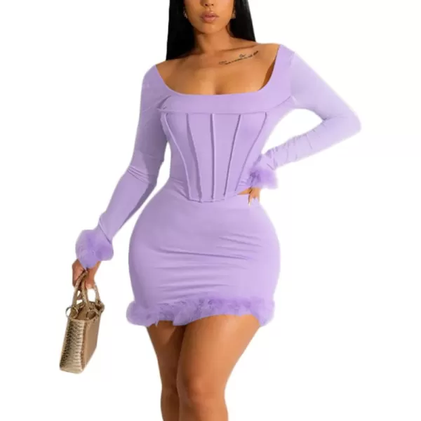 LYANER Women's 2 Piece Outfits Square Neck Long Sleeve Feather Crop Top Skirt Set