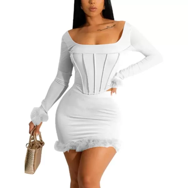 LYANER Women's 2 Piece Outfits Square Neck Long Sleeve Feather Crop Top Skirt Set