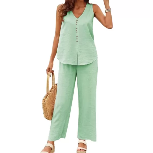LYANER Women's 2 Piece Outfits V Neck Sleeveless Button Front Tank Top And High Waist Straight Wide Leg Long Pants Set