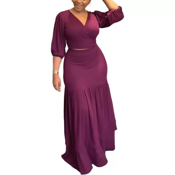 LYANER Women's 2 Piece Outfits Wrap Self Tie Knot Half Sleeve Crop Blouse and Ruffle Hem Bodycon Maxi Skirt Set