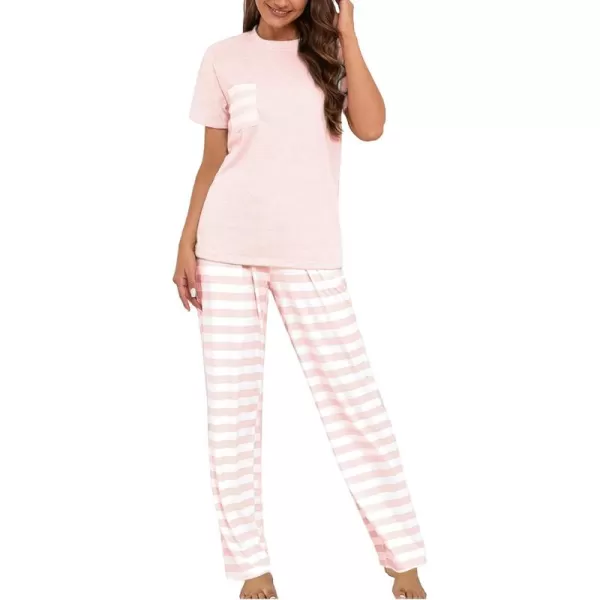 LYANER Women's 2 Piece Sleepwear Crewneck Short Sleeve Top and Striped Long Pants Pajama Set