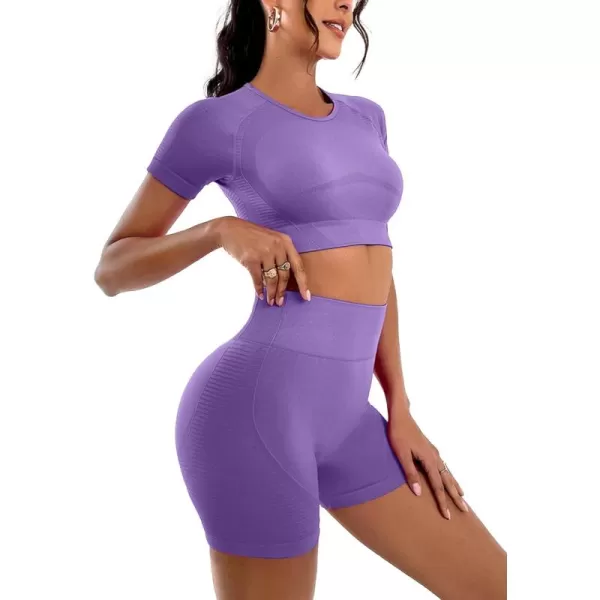LYANER Women's 2 Pieces Workout Outfits Short Sleeve Crop Top and High Waist Bodycon Leggings Shorts Yoga Sets