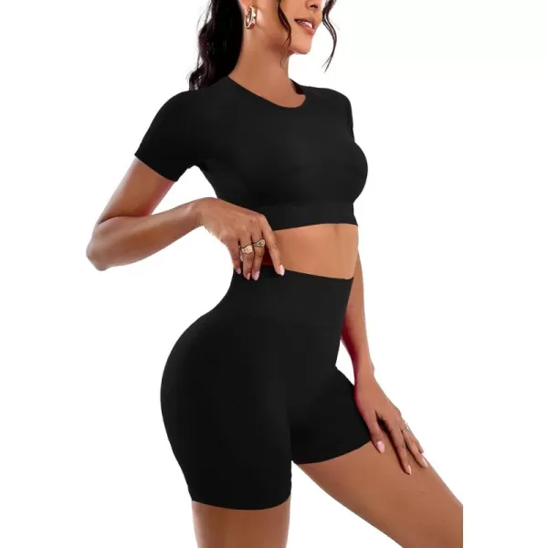 LYANER Women's 2 Pieces Workout Outfits Short Sleeve Crop Top and High Waist Bodycon Leggings Shorts Yoga Sets