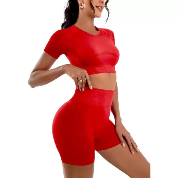 LYANER Women's 2 Pieces Workout Outfits Short Sleeve Crop Top and High Waist Bodycon Leggings Shorts Yoga Sets