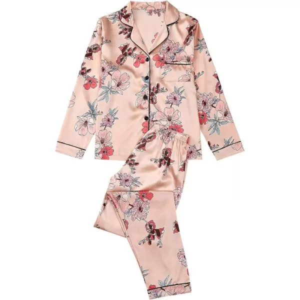 LYANER Women's 2 pieces Floral Satin Pajama Sets Button Shirt and Long Pants Lounge Set