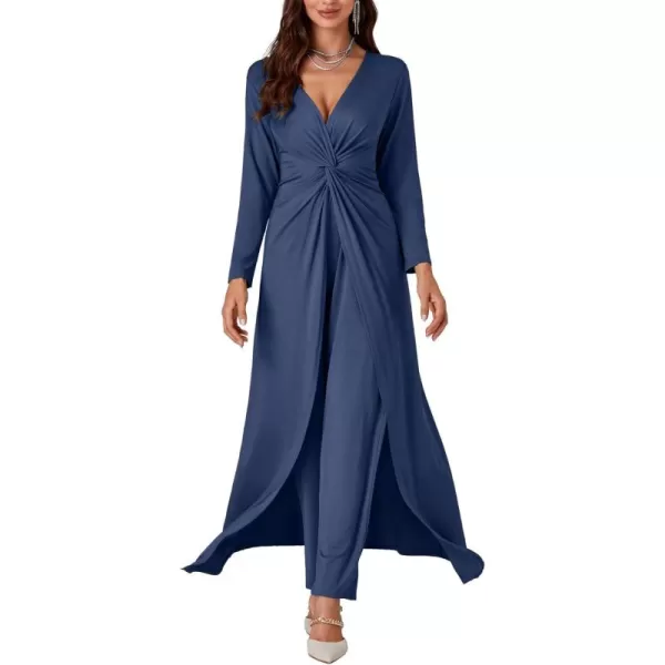 LYANER Women's 2 pieces Outfits Twist Knot High Slit Front Long Sleeve Pants Sets