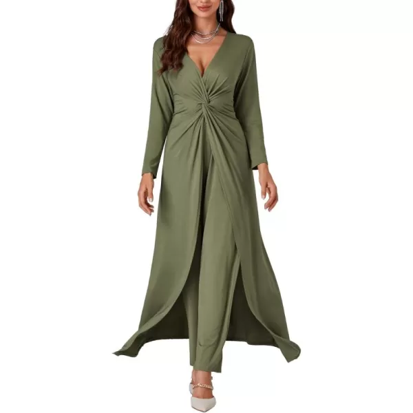 LYANER Women's 2 pieces Outfits Twist Knot High Slit Front Long Sleeve Pants Sets