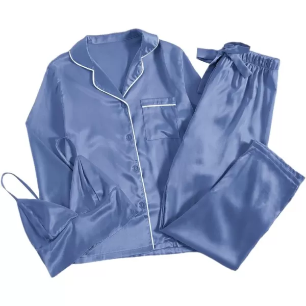 LYANER Women's 3Pcs Pajamas Satin Cami Top and Long Sleeve Shirt with Pants Sleepwear Set