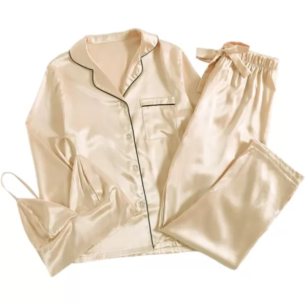LYANER Women's 3Pcs Pajamas Satin Cami Top and Long Sleeve Shirt with Pants Sleepwear Set