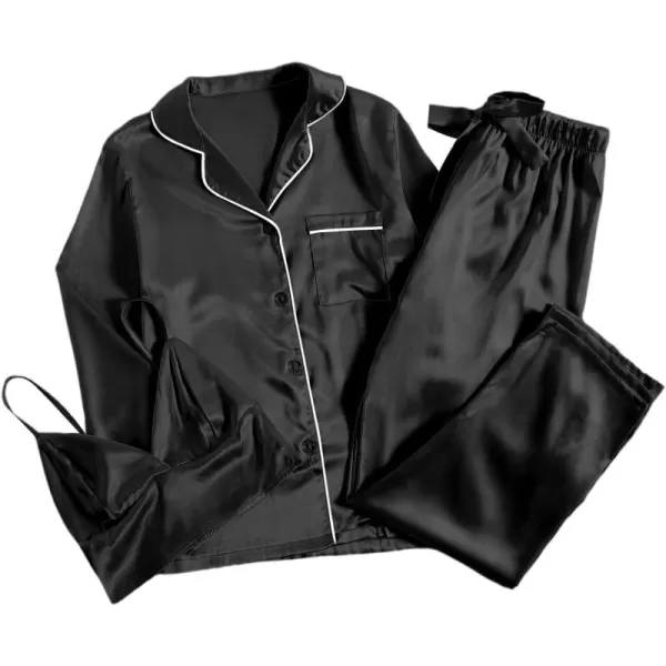 LYANER Women's 3Pcs Pajamas Satin Cami Top and Long Sleeve Shirt with Pants Sleepwear Set