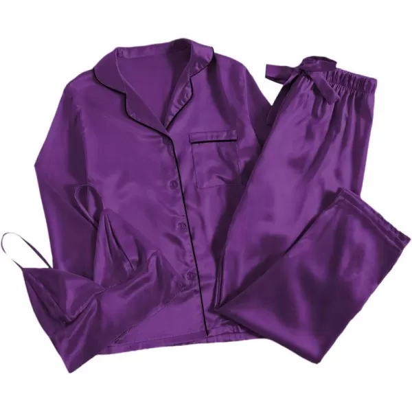 LYANER Women's 3Pcs Pajamas Satin Cami Top and Long Sleeve Shirt with Pants Sleepwear Set