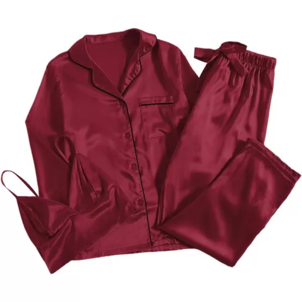 LYANER Women's 3Pcs Pajamas Satin Cami Top and Long Sleeve Shirt with Pants Sleepwear Set