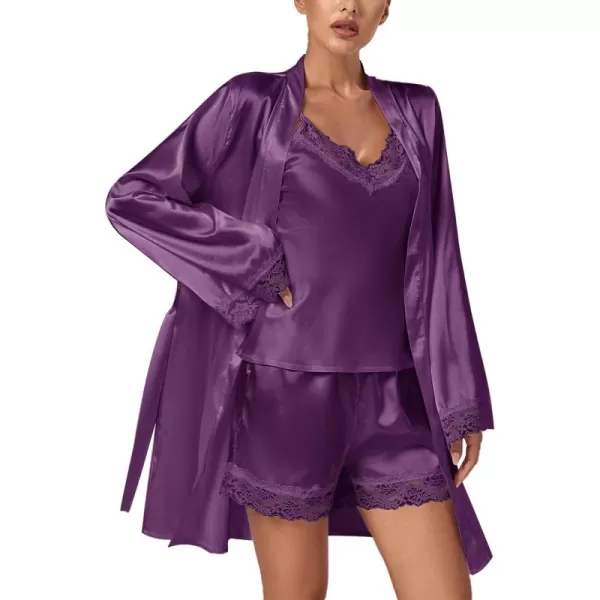 LYANER Women's 3pcs Sleepwear Silk Satin V Neck Lace Trim Cami Top and Shorts Pajama Set with Robe