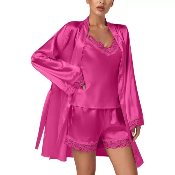 LYANER Women's 3pcs Sleepwear Silk Satin V Neck Lace Trim Cami Top and Shorts Pajama Set with Robe