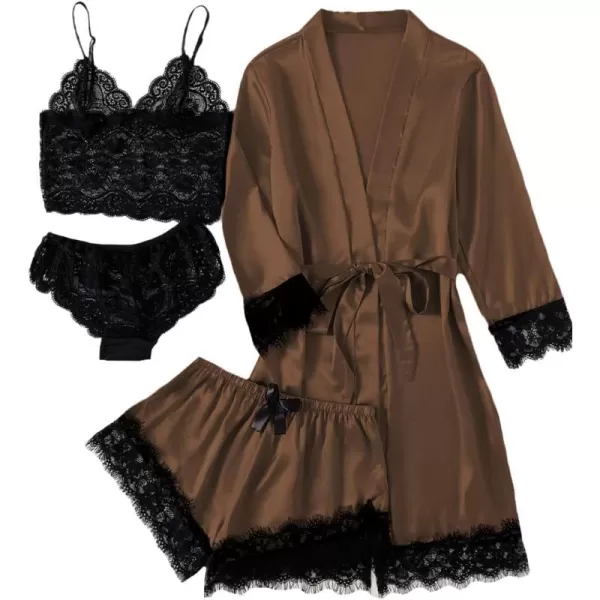LYANER Women's 4pcs Sleepwear Satin Floral Lace Trim Cami Pajama Set with Robe