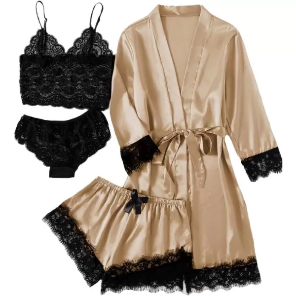 LYANER Women's 4pcs Sleepwear Satin Floral Lace Trim Cami Pajama Set with Robe