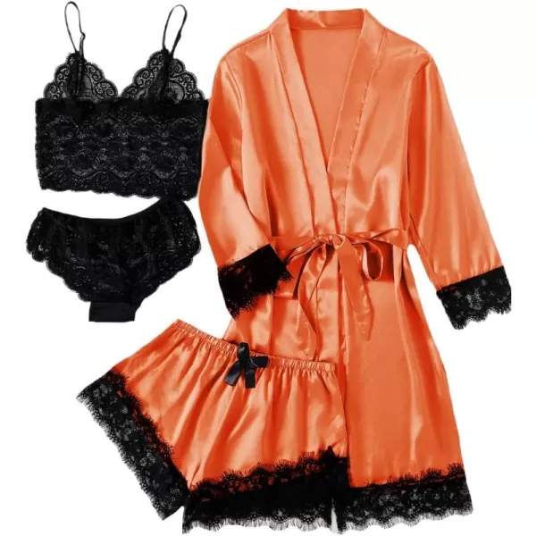 LYANER Women's 4pcs Sleepwear Satin Floral Lace Trim Cami Pajama Set with Robe