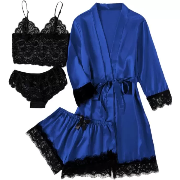 LYANER Women's 4pcs Sleepwear Satin Floral Lace Trim Cami Pajama Set with Robe