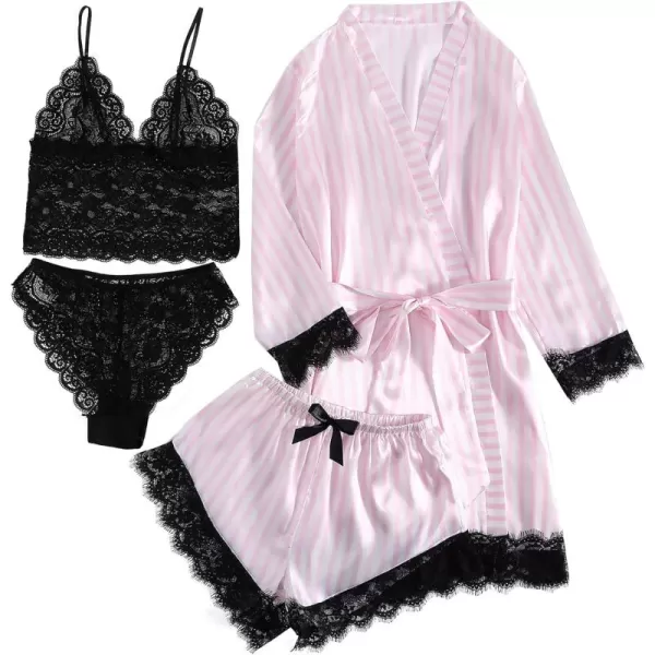 LYANER Women's 4pcs Sleepwear Satin Floral Lace Trim Cami Pajama Set with Robe