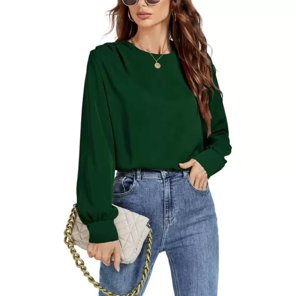 LYANER Women's Basic Causal Crew Neck Pleated Long Sleeve Blouse Work Shirt Top