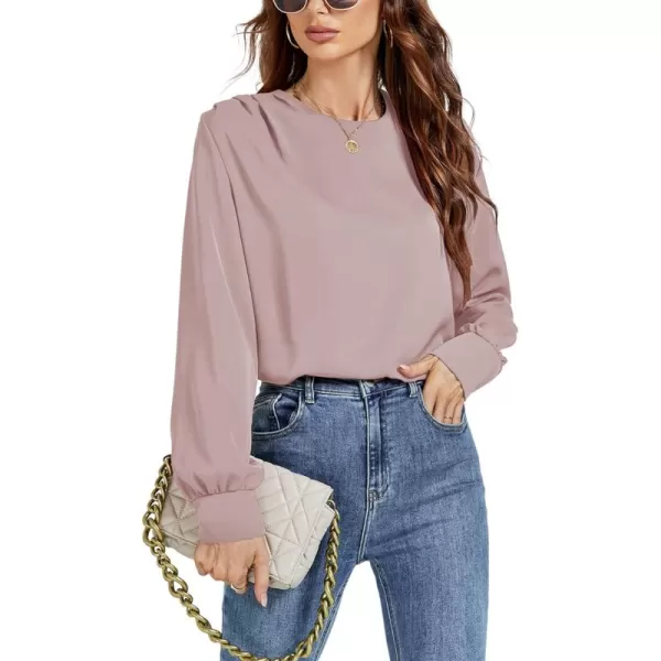 LYANER Women's Basic Causal Crew Neck Pleated Long Sleeve Blouse Work Shirt Top