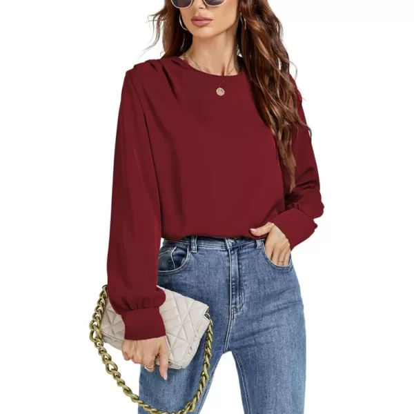 LYANER Women's Basic Causal Crew Neck Pleated Long Sleeve Blouse Work Shirt Top