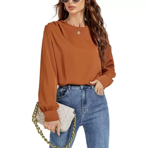 LYANER Women's Basic Causal Crew Neck Pleated Long Sleeve Blouse Work Shirt Top