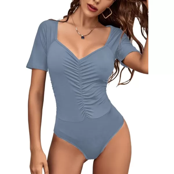 LYANER Women's Basic Sweetheart V Neck Ruched Fitted Short Sleeve Leotard Bodysuit Top