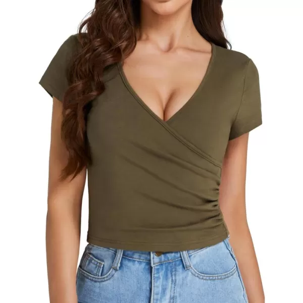 LYANER Women's Basic Wraped V Neck Ruched Short Sleeve Croped Tee Blouse Top