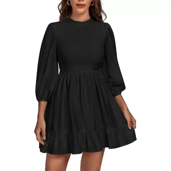 LYANER Women's Bishop Long Sleeve High Waist Mock Neck Smock Ruffle Hem A-line Short Mini Dress