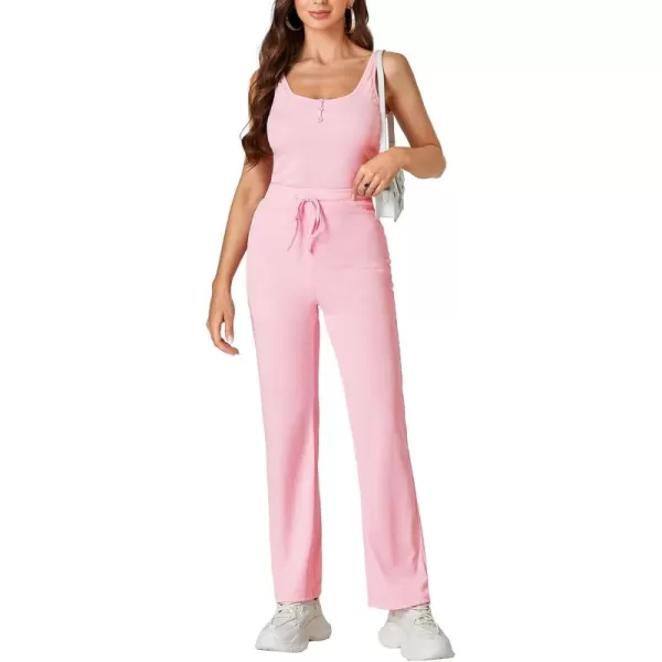 LYANER Women's Boat Neck Sleeveless 2 Piece Henley Tank Pants Outfits Knit Matching Set Wide Leg Pant Set