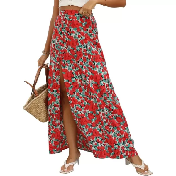 LYANER Women's Bohemian Floral Print High Waist Split Hem Slit Maxi Long Skirt