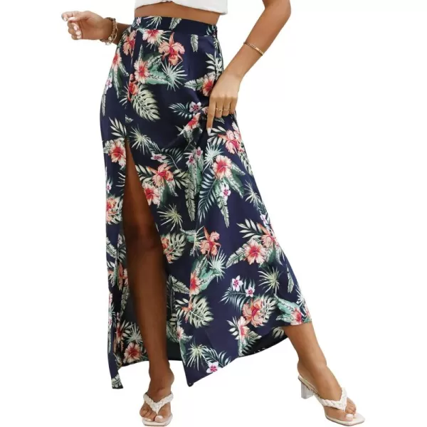 LYANER Women's Bohemian Floral Print High Waist Split Hem Slit Maxi Long Skirt