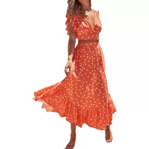 LYANER Women's Boho 2 Piece Outfits Polka Dots V Neck Crop Top and Elastic Waist Skirt Sets