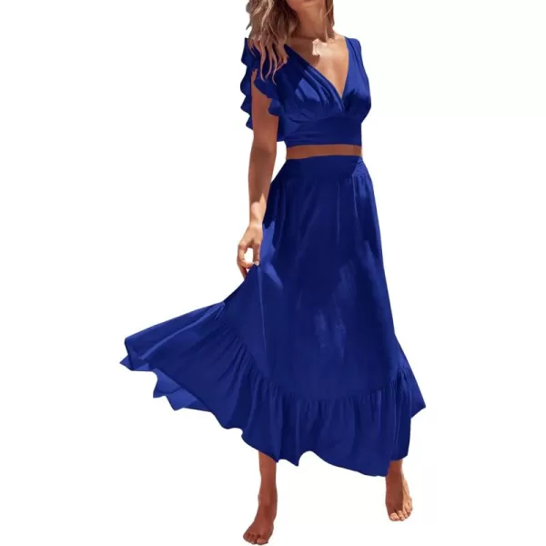 LYANER Women's Boho 2 Piece Outfits Polka Dots V Neck Crop Top and Elastic Waist Skirt Sets