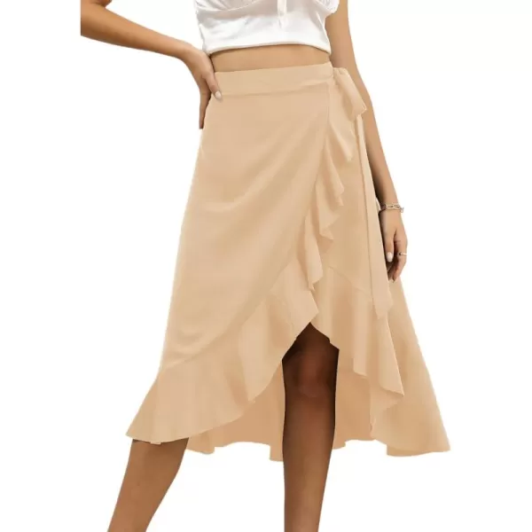 LYANER Women's Boho Floral Print Wrap Front Self Tie Knots Ruffle Hem Split Midi Skirt