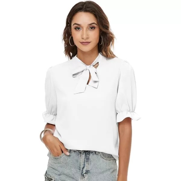 LYANER Women's Bow Tie Neck Ruffle Trim Puff Short Sleeve Blouse Work Shirt Top