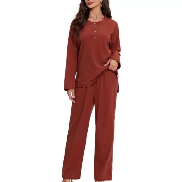 LYANER Women's Button Down V Neck Long Sleeve Loose 2 Piece Pants Outfits Knit Matching Set Wide Leg Pant Set