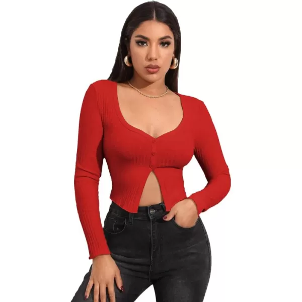 LYANER Women's Button Front V Neck Long Sleeve Slit Hem Ribbed Knit Crop T-Shirt Tee Top