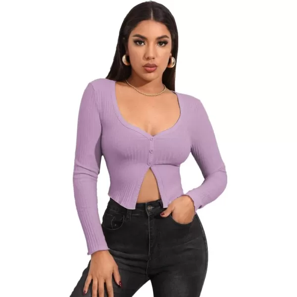 LYANER Women's Button Front V Neck Long Sleeve Slit Hem Ribbed Knit Crop T-Shirt Tee Top