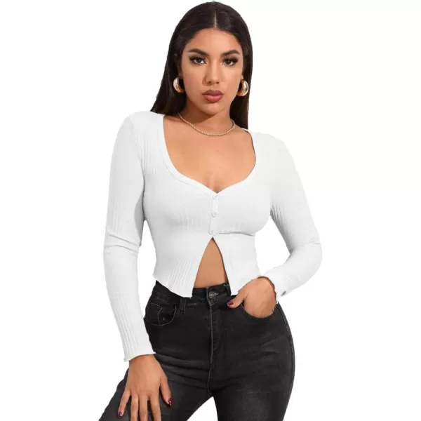 LYANER Women's Button Front V Neck Long Sleeve Slit Hem Ribbed Knit Crop T-Shirt Tee Top