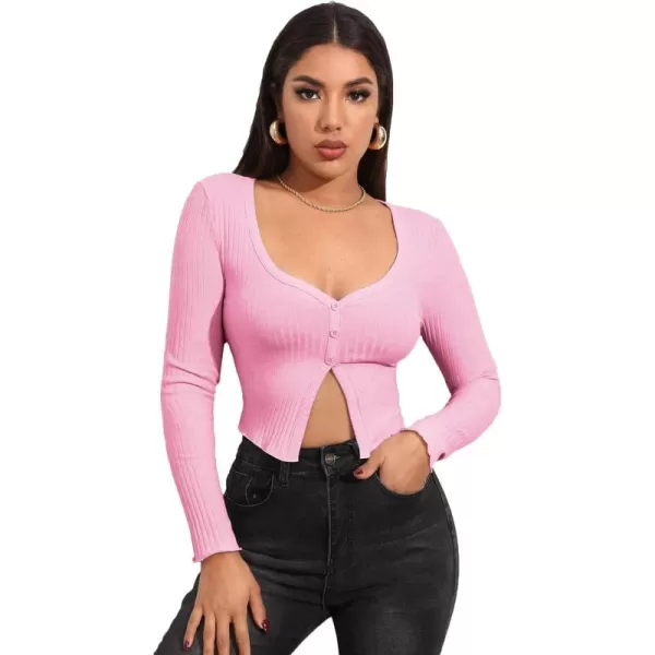 LYANER Women's Button Front V Neck Long Sleeve Slit Hem Ribbed Knit Crop T-Shirt Tee Top