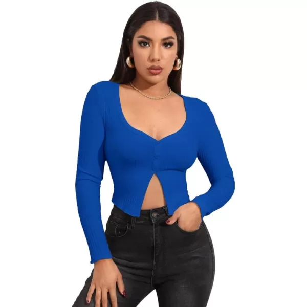 LYANER Women's Button Front V Neck Long Sleeve Slit Hem Ribbed Knit Crop T-Shirt Tee Top